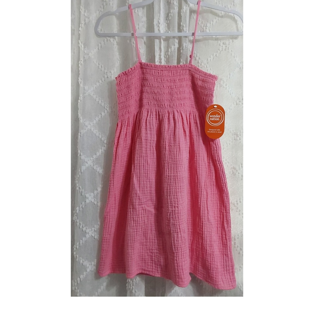 Wonder Nation Girls Pink Gauze Smocked Bodice Dress Size L 10-12 NWT